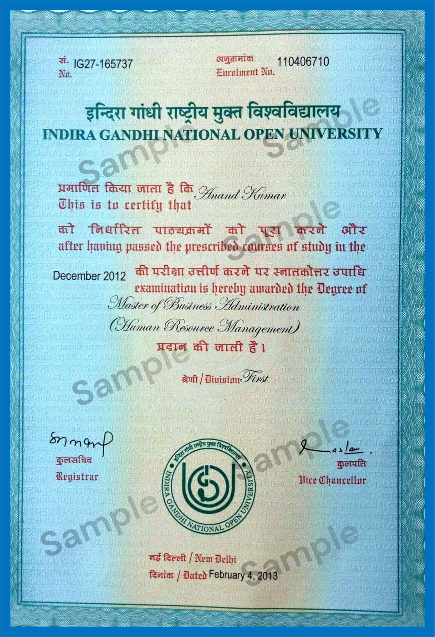 Sample IGNOU certificate